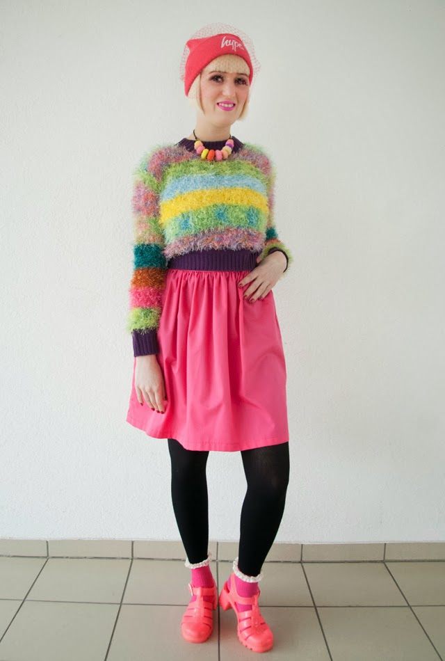 Outfit with pink Hype beanie, unif fluffy Furby crop jumper and lime crime lipstick unif jumper, fluffy crop jumper, hype beanie, rainbow colored outfit