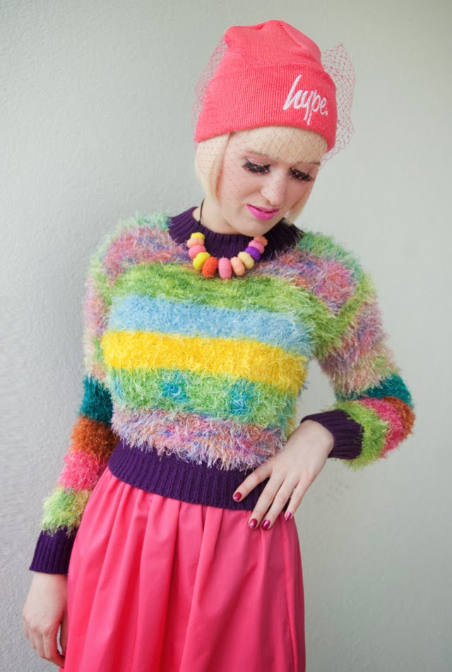 Outfit with pink Hype beanie, unif fluffy Furby crop jumper and lime crime lipstick katy perry, unif jumper, fluffy jumper, furby jumper