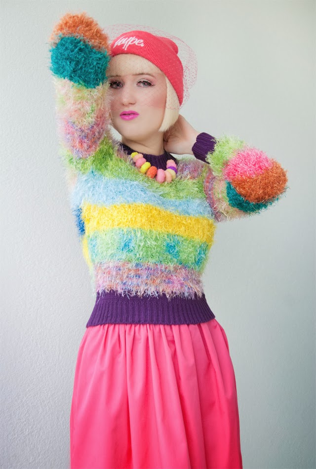 Outfit with pink Hype beanie, unif fluffy Furby crop jumper and lime crime lipstick hype beanie, veiled beanie, unif jumper, fluffy jumper, katy perry