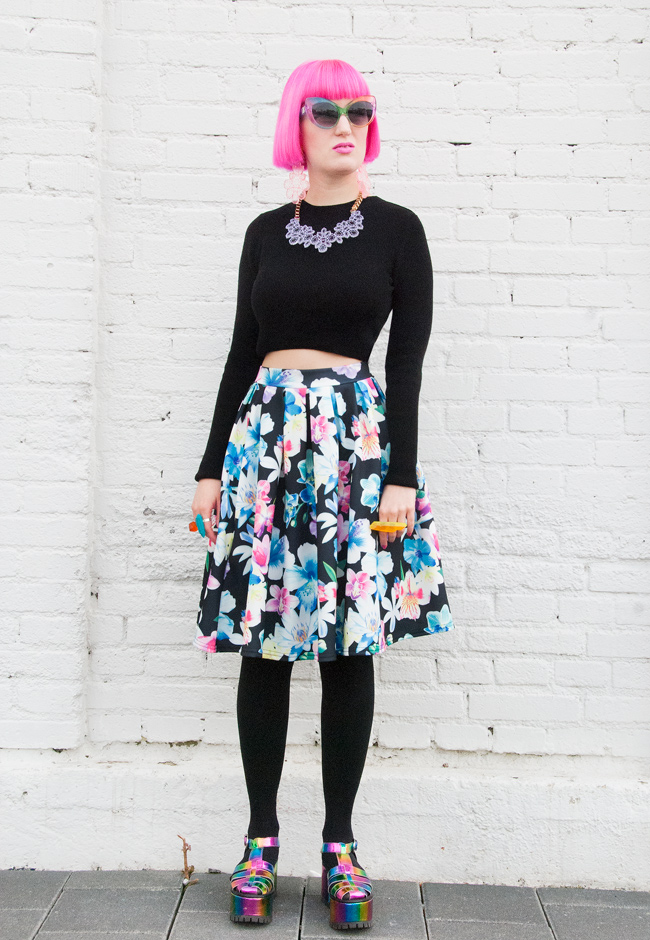 quiz clothing, crop top in winter, flower print skirt