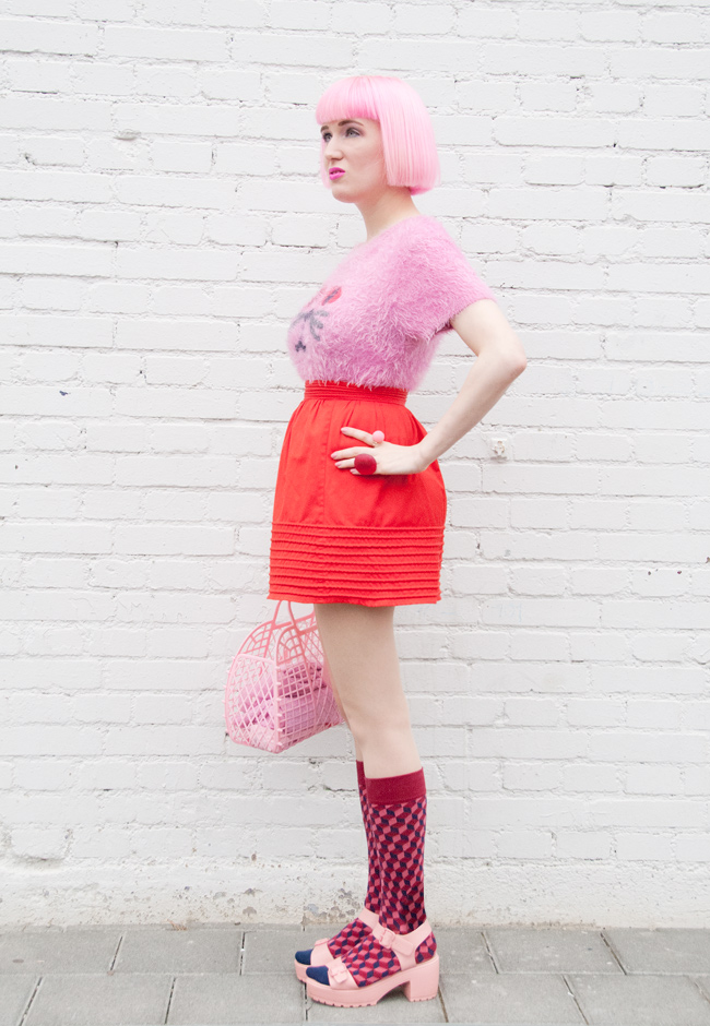 Sara is in Love with… blogger street style pink hair look ootd cat jumper fluffy lazy oaf vivienne westwood melissa shoes serena kohl pink and red cat top, fluffy top, lazy oaf