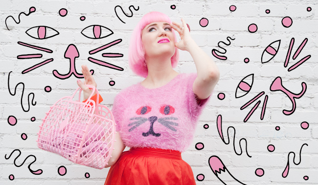 Sara is in Love with… blogger street style pink hair look ootd cat jumper fluffy lazy oaf vivienne westwood melissa shoes serena kohl pink and red lazy oaf, pink fluffy, cat jumper