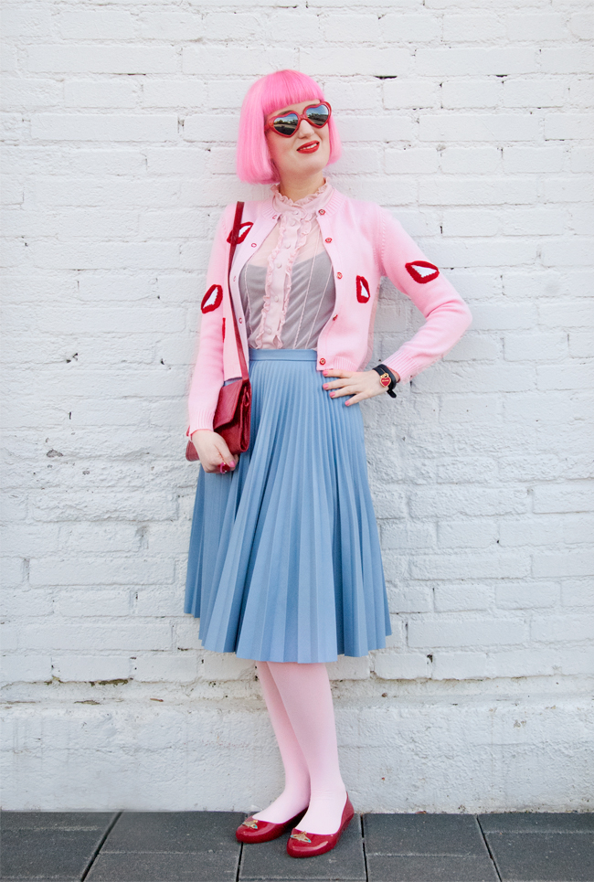 vivetta, leather skirt, heart shaped glasses