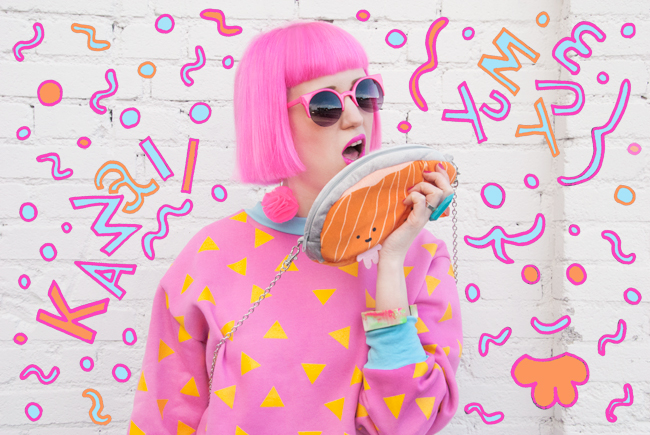 Sara is in Love with blogger look street style ootd kawaii colourful 90s inspired jumper pink Tilly Me Made in Australia kawaii Sushi bag Clara Chérie pompom earrings Quay eye ware neon pink pineapple Ego & Greed platform shoes Tilly Me, 90s inspired look, neon colours