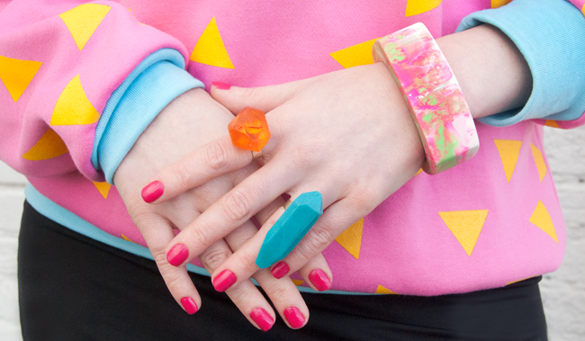 Sara is in Love with blogger look street style ootd kawaii colourful 90s inspired jumper pink Tilly Me Made in Australia kawaii Sushi bag Clara Chérie pompom earrings Quay eye ware neon pink pineapple Ego & Greed platform shoes Serena Kuhl, resin jewellery, made in australia