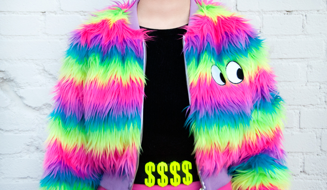 rainbow fur, neon bomber jacket, lazy oaf