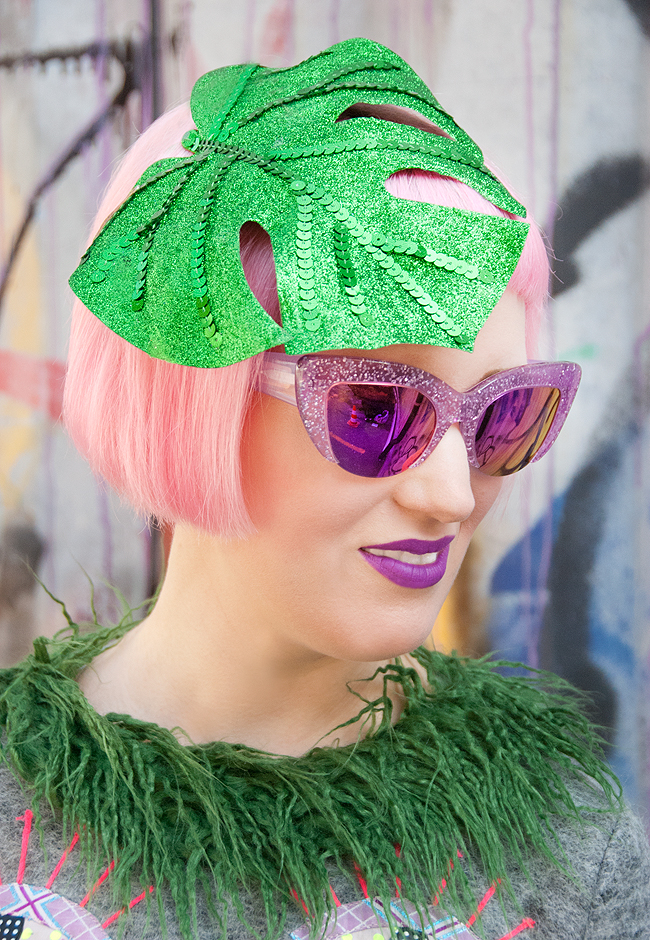 Peals & Swine, pink glitter sunglasses, leaf fascinator