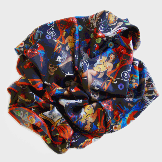 Sara is in Love with… Fiona K. Designs handmade silk scarves pinup rockabilly hand rolled luxury fashion made in Switzerland Alice in Wonderland inspired by music illustrations guitars Fiona K. Designs, pinup girls, silk scarf