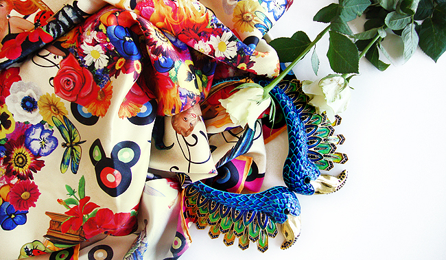 Sara is in Love with… Fiona K. Designs handmade silk scarves pinup rockabilly hand rolled luxury fashion made in Switzerland Alice in Wonderland inspired by music illustrations guitars fiona k designs, silk scarf, inspired by music