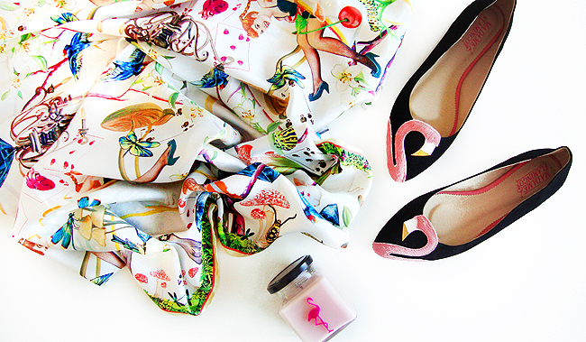 Sara is in Love with… Fiona K. Designs handmade silk scarves pinup rockabilly hand rolled luxury fashion made in Switzerland Alice in Wonderland inspired by music illustrations guitars silk scarf, Alice in wonderland, illustration