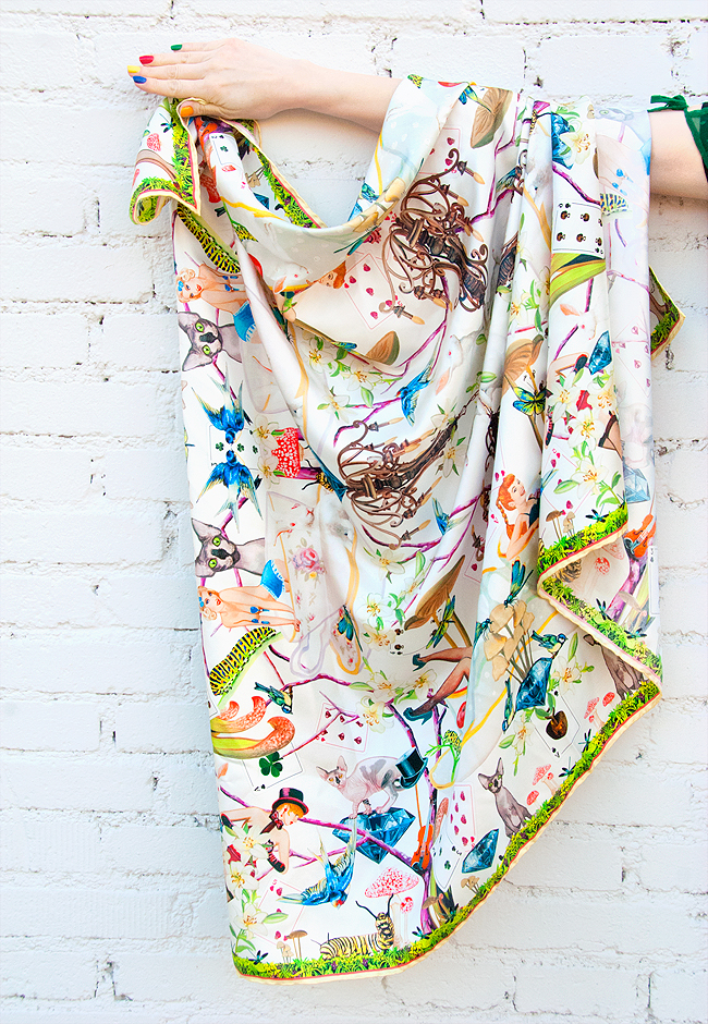 Sara is in Love with… Fiona K. Designs handmade silk scarves pinup rockabilly hand rolled luxury fashion made in Switzerland Alice in Wonderland inspired by music illustrations guitars silk scarf, alice in wonderland, rockabilly