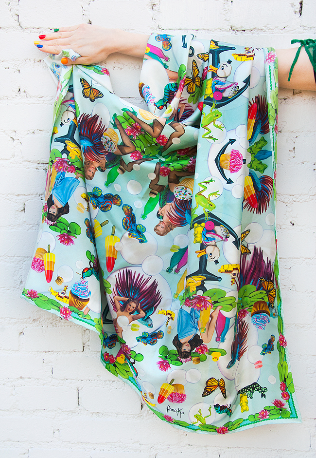 Sara is in Love with… Fiona K. Designs handmade silk scarves pinup rockabilly hand rolled luxury fashion made in Switzerland Alice in Wonderland inspired by music illustrations guitars Fiona K. Design, silk scarf, yellow submarine