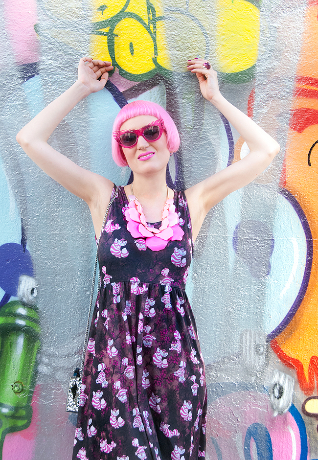 Sara is in Love with… blogger style fashion Chesire Cat dress Disney Napo Shop Karl Lagerfeld Coupette House of Holland Pink Tatty Devine Melissa street art outfit Naposhop, cheesier cat dress, disney dress