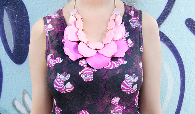 Sara is in Love with… blogger style fashion Chesire Cat dress Disney Napo Shop Karl Lagerfeld Coupette House of Holland Pink Tatty Devine Melissa street art outfit chesire cat dress, alice in wonderland dress, tatty devine statement