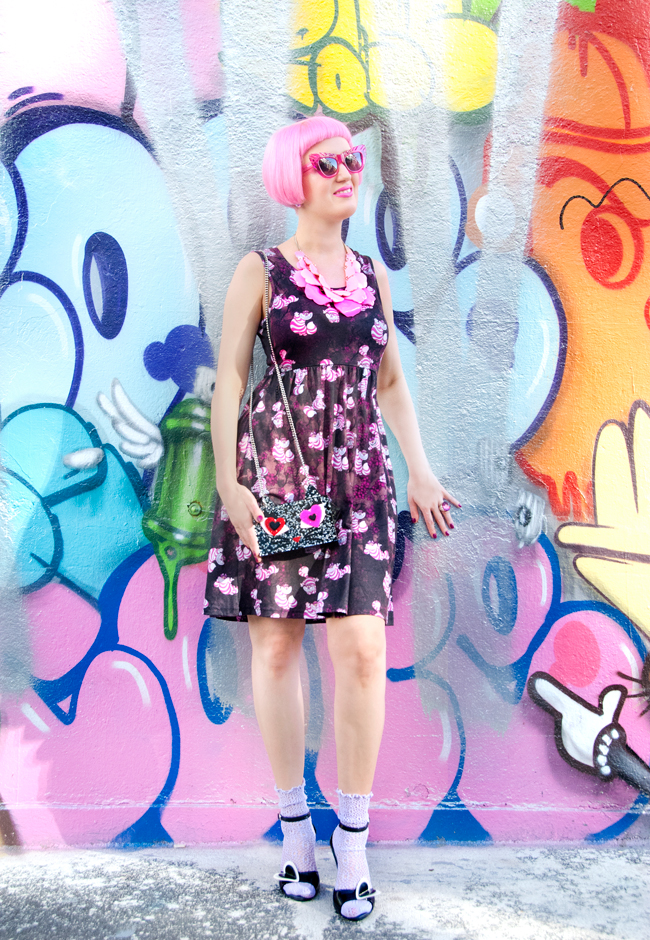 Sara is in Love with… blogger style fashion Chesire Cat dress Disney Napo Shop Karl Lagerfeld Coupette House of Holland Pink Tatty Devine Melissa street art outfit Karl Lagerfeld Choupette, blogger summer look