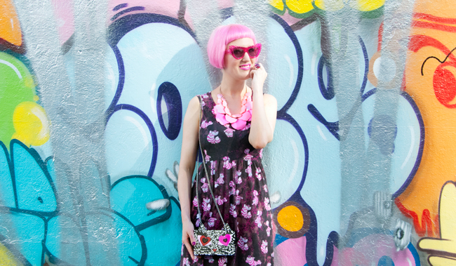 Sara is in Love with… blogger style fashion Chesire Cat dress Disney Napo Shop Karl Lagerfeld Coupette House of Holland Pink Tatty Devine Melissa street art outfit Chesire Cat dress, summer look, coupette lagerfeld