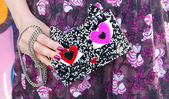 Sara is in Love with… blogger style fashion Chesire Cat dress Disney Napo Shop Karl Lagerfeld Coupette House of Holland Pink Tatty Devine Melissa street art outfit choupette box bag, karl lagerfeld, chesire cat print