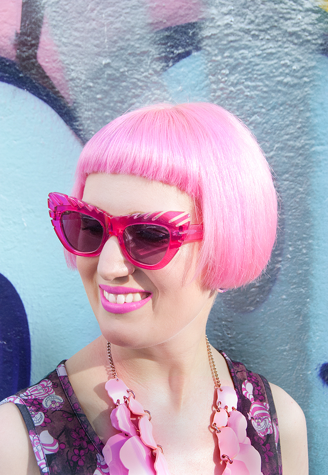 Sara is in Love with… blogger style fashion Chesire Cat dress Disney Napo Shop Karl Lagerfeld Coupette House of Holland Pink Tatty Devine Melissa street art outfit house of holland, pink sunglasses, pink hair