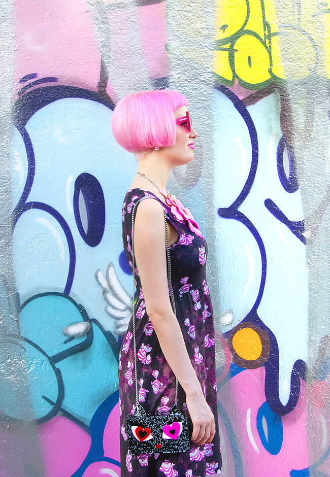 Sara is in Love with… blogger style fashion Chesire Cat dress Disney Napo Shop Karl Lagerfeld Coupette House of Holland Pink Tatty Devine Melissa street art outfit naposhop, disney dress, chesire cat outfit