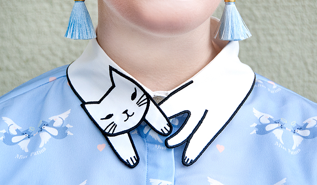 Sara is in Love with… blogger style fashion pastel look pleated skirt mongolian sheep skin scarf florence bridge miss patina cat collar shirt ego pink boots marc b. bag pink suzywan deluxe pink hair tassel earrings Miss Patina, cat collar shirt, tassel earrings