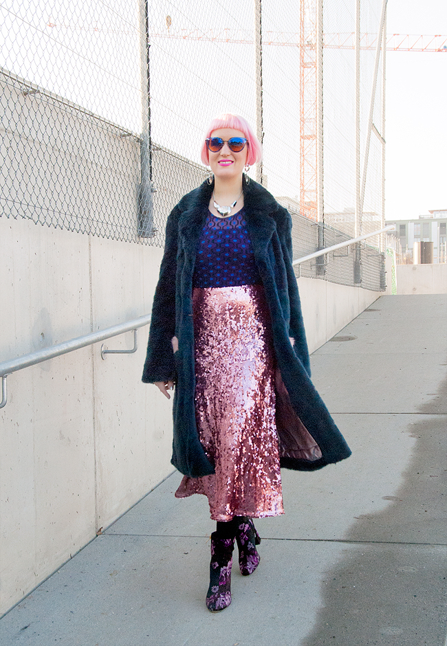 Sara is in Love with… blogger fashion style winter coat luxury faux fur Shrimps Claude Selfridges Silhouette eyewear sequin skirt Ego Official embroidered boots Swaroski Jean Paul Gaultier jewellery blogger look, winter style, Shrimps coat