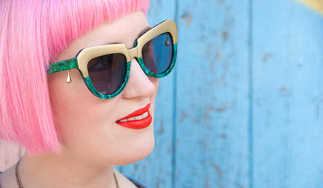 Sara is in Love with… blogger colourful rainbow style fashion Schmiley Mo Gorman Liz Payne pom pom denim coat Komono Tatty Devine umbrella necklace Madame flamingo platform heels Charlotte Olympia piñata bag pink hair pink hair, blogger, Swiss fashion blogger