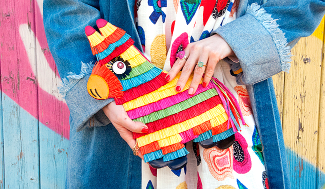 Sara is in Love with… blogger colourful rainbow style fashion Schmiley Mo Gorman Liz Payne pom pom denim coat Komono Tatty Devine umbrella necklace Madame flamingo platform heels Charlotte Olympia piñata bag pink hair Charlotte Olympia, piñata bag, novelty bag