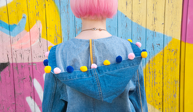 Sara is in Love with… blogger colourful rainbow style fashion Schmiley Mo Gorman Liz Payne pom pom denim coat Komono Tatty Devine umbrella necklace Madame flamingo platform heels Charlotte Olympia piñata bag pink hair Schmiley Mo, pom pom hood, denim coat