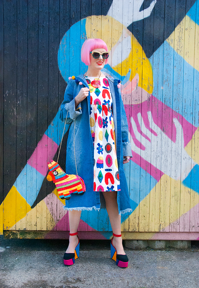 Sara is in Love with… blogger colourful rainbow style fashion Schmiley Mo Gorman Liz Payne pom pom denim coat Komono Tatty Devine umbrella necklace Madame flamingo platform heels Charlotte Olympia piñata bag pink hair denim coat, liz payne dress, piñata bag