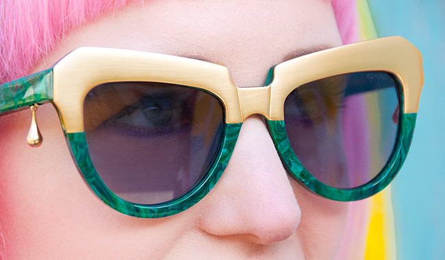 Sara is in Love with… blogger colourful rainbow style fashion Schmiley Mo Gorman Liz Payne pom pom denim coat Komono Tatty Devine umbrella necklace Madame flamingo platform heels Charlotte Olympia piñata bag pink hair komono, green sunglasses, style blogger