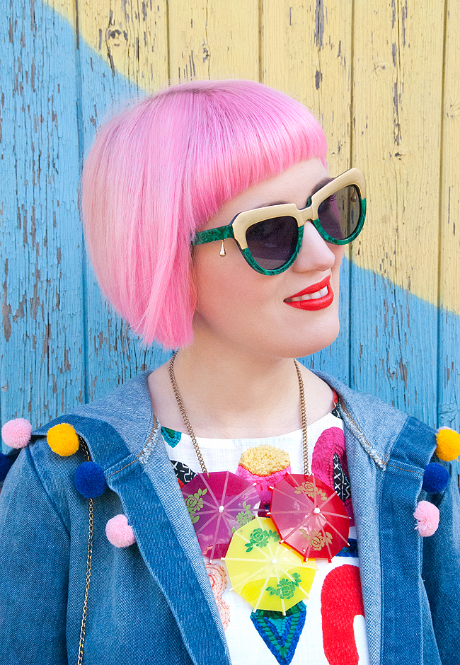 Sara is in Love with… blogger colourful rainbow style fashion Schmiley Mo Gorman Liz Payne pom pom denim coat Komono Tatty Devine umbrella necklace Madame flamingo platform heels Charlotte Olympia piñata bag pink hair Schmiley Mo, pom pom jacket, Gorman x Liz Payne