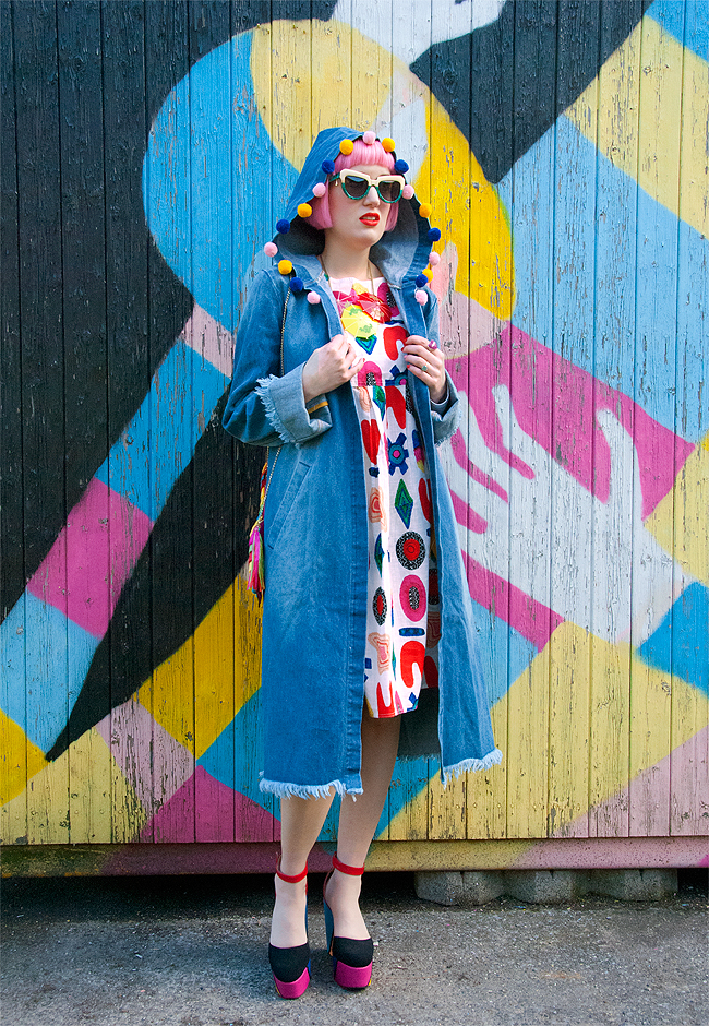 Sara is in Love with… blogger colourful rainbow style fashion Schmiley Mo Gorman Liz Payne pom pom denim coat Komono Tatty Devine umbrella necklace Madame flamingo platform heels Charlotte Olympia piñata bag pink hair Schmiley Mo, denim coat, rainbow look