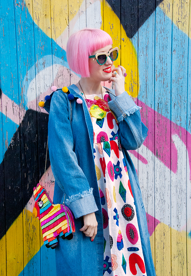 Sara is in Love with… blogger colourful rainbow style fashion Schmiley Mo Gorman Liz Payne pom pom denim coat Komono Tatty Devine umbrella necklace Madame flamingo platform heels Charlotte Olympia piñata bag pink hair denim jacket, summer look, blogger outfit