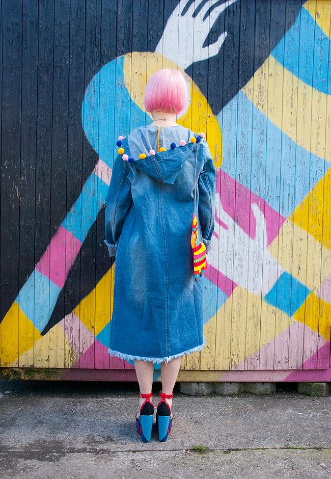 Sara is in Love with… blogger colourful rainbow style fashion Schmiley Mo Gorman Liz Payne pom pom denim coat Komono Tatty Devine umbrella necklace Madame flamingo platform heels Charlotte Olympia piñata bag pink hair denim coat, fashion blogger, schmiley mo