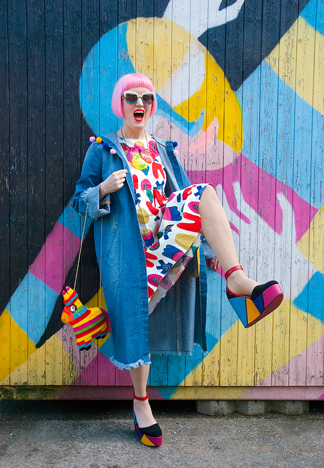 Sara is in Love with… blogger colourful rainbow style fashion Schmiley Mo Gorman Liz Payne pom pom denim coat Komono Tatty Devine umbrella necklace Madame flamingo platform heels Charlotte Olympia piñata bag pink hair quirky blogger, gorman x liz payne, platform shoes