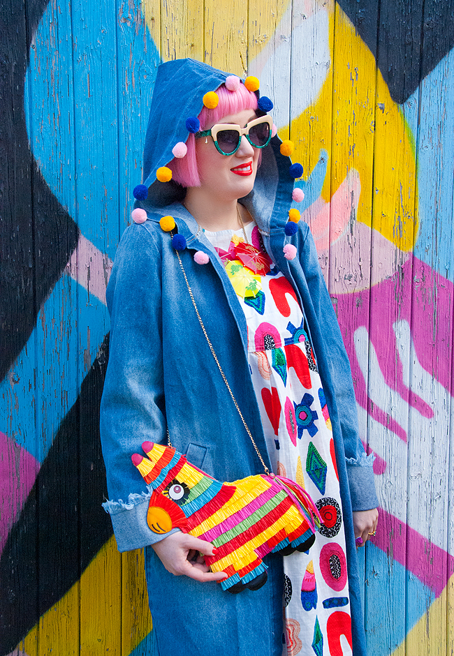 Sara is in Love with… blogger colourful rainbow style fashion Schmiley Mo Gorman Liz Payne pom pom denim coat Komono Tatty Devine umbrella necklace Madame flamingo platform heels Charlotte Olympia piñata bag pink hair pom pom hood, piñata bag, Charlotte Olympia