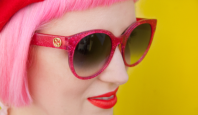 pink hair, Gucci, glitter sunglasses
