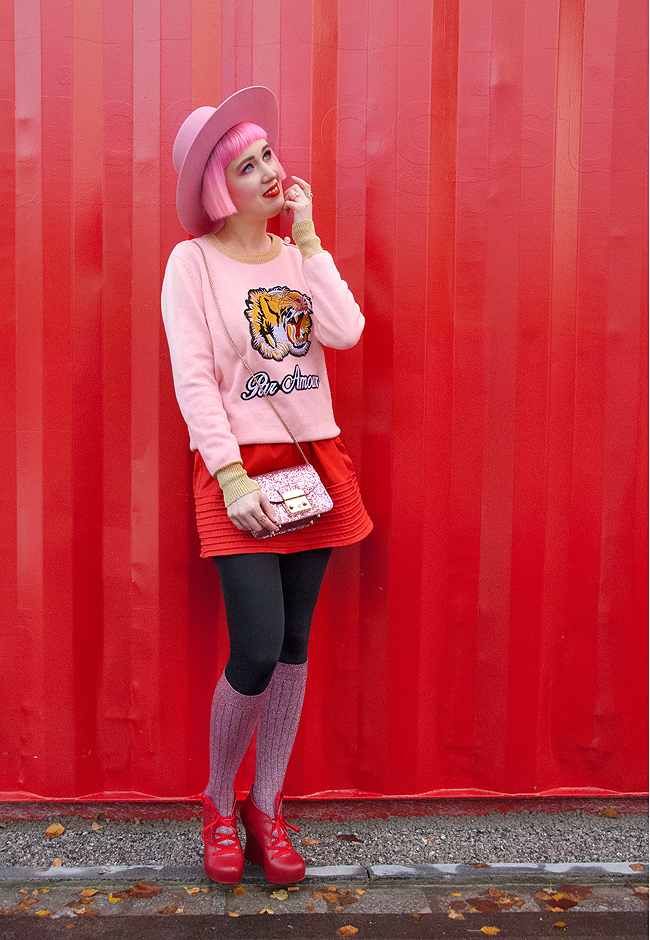 pink hat, red and pink outfit, Furla bag