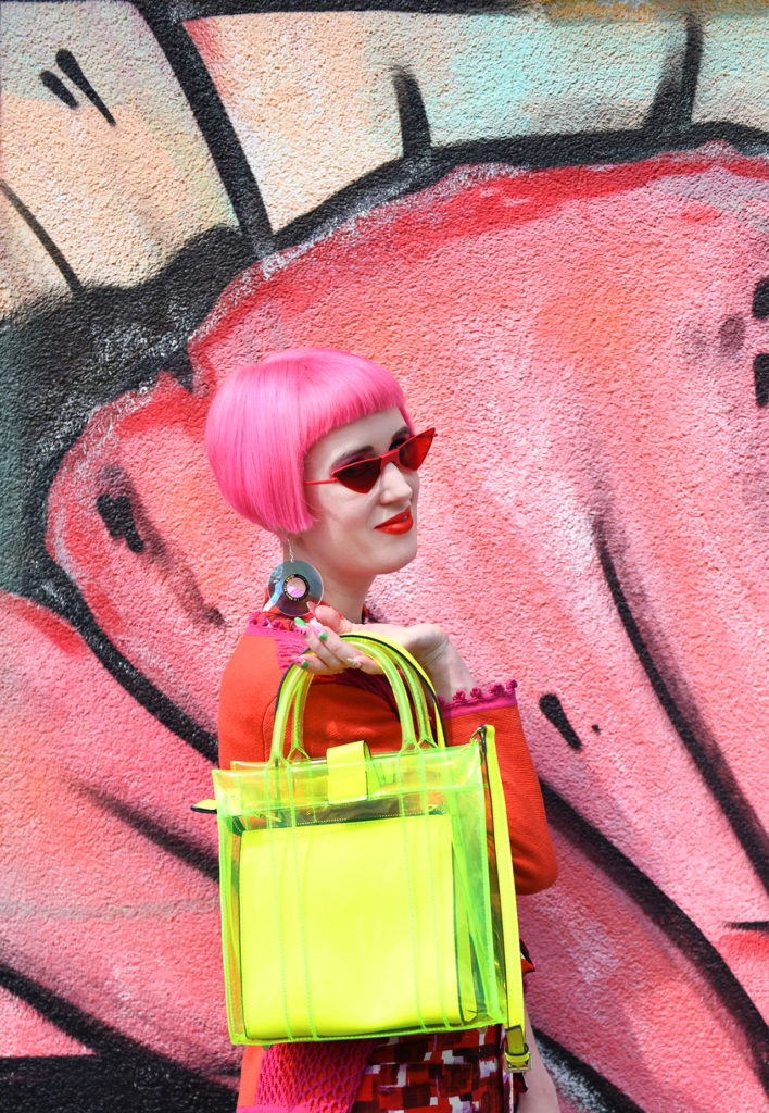 Sara is in Love with… Swiss fashion blogger red dress look vintage summer neon trend Essential Antwerp Who is that Girl WTG Antwerp Gentle Monster Tatty Devine 90s cd earrings pink hair sibling Zurich streetart Bally shoes sandals
